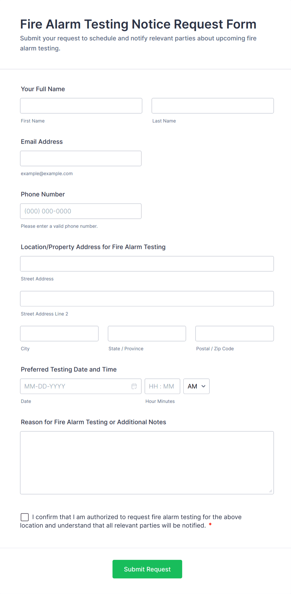 Fire Alarm Testing Notice Request Form Template | Jotform