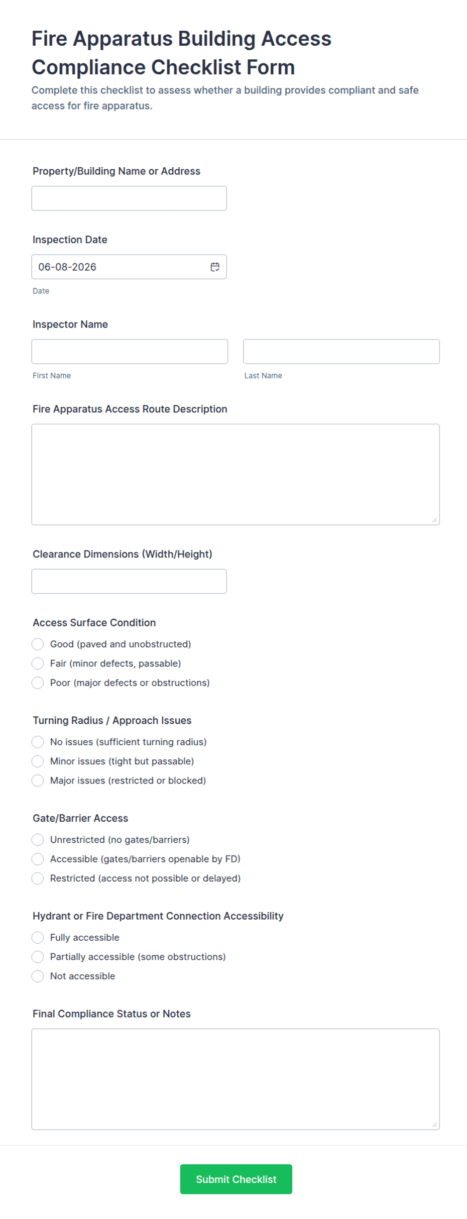 Fire Apparatus Building Access Compliance Checklist Form Template | Jotform