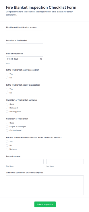 Fire Blanket Inspection Checklist Form Template