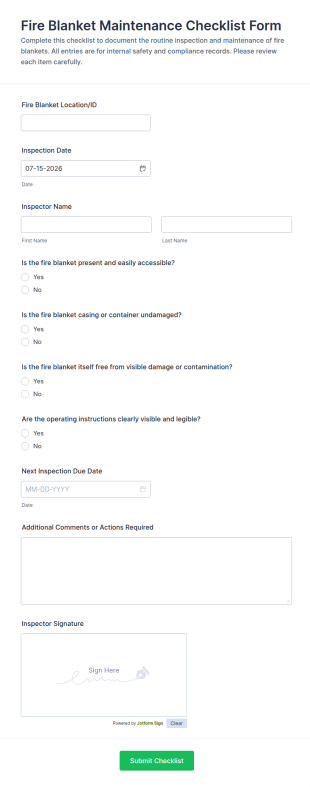 Fire Blanket Maintenance Checklist Form Template