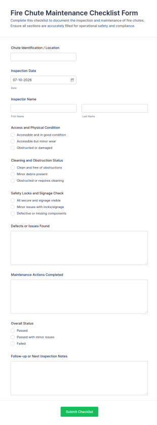 Fire Chute Maintenance Checklist Form Template
