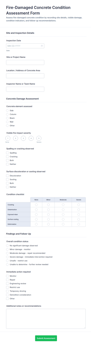 Fire Damaged Concrete Condition Assessment Checklist Form Template