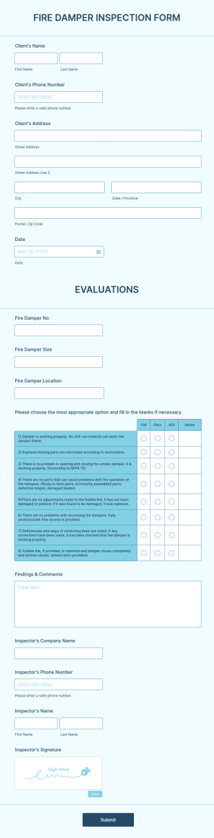 Fire Damper Inspection Form Template
