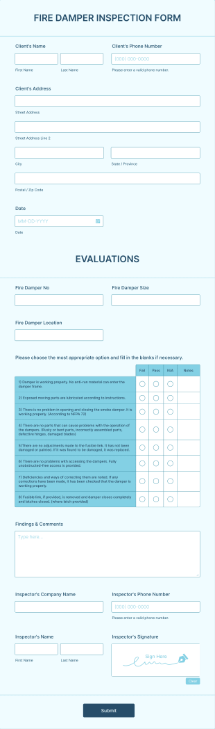 Fire Damper Inspection Form Template