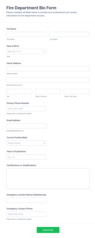 Fire Department Bio Form Template