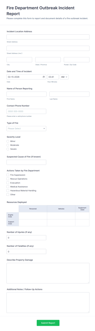 Fire Department Outbreak Incident Report Form Template