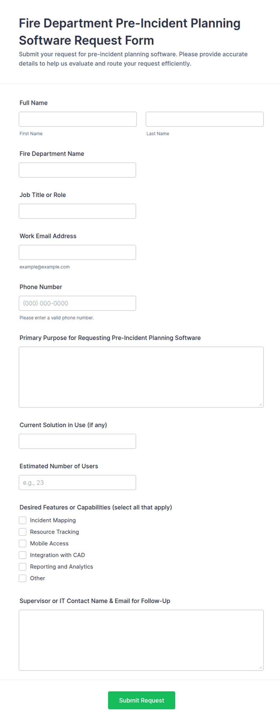 Fire Department Pre-Incident Planning Software Request Form Template ...