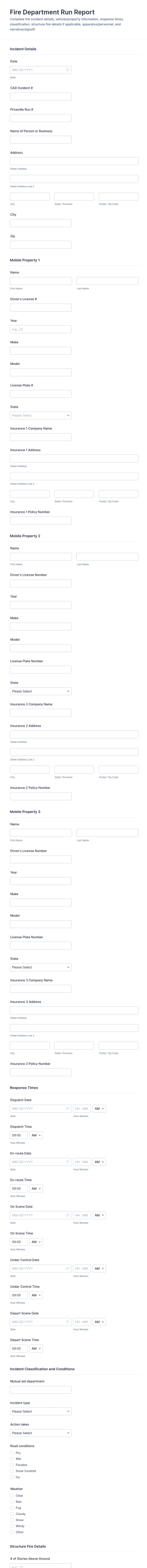 Fire Department Run Report Form Template