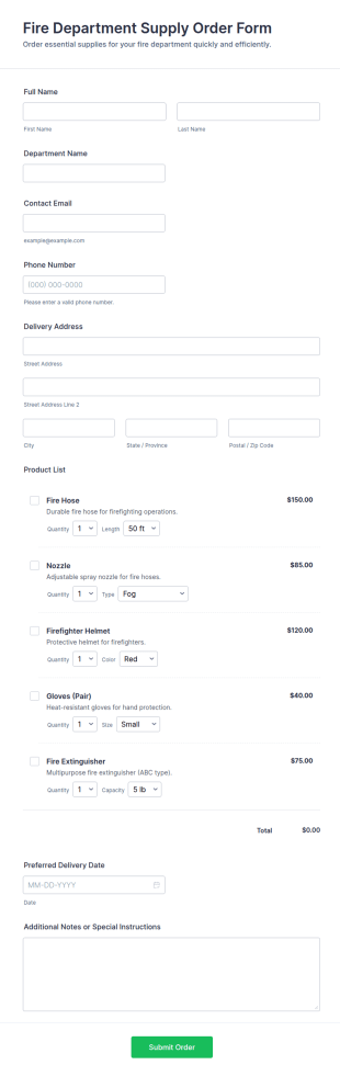 Fire Department Supply Order Form Template