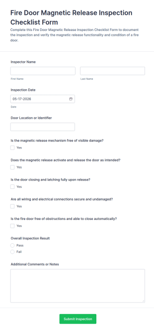 Fire Door Magnetic Release Inspection Checklist Form Template