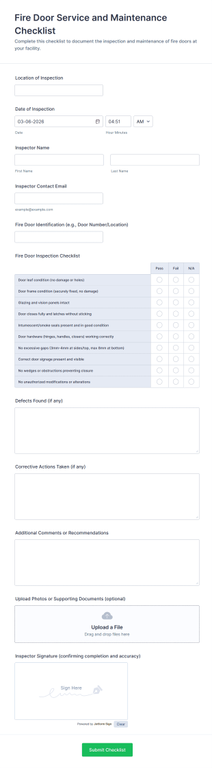 Fire Door Service And Maintenance Checklist Form Template