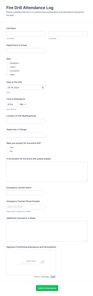 Fire Drill Attendance Log Form Template