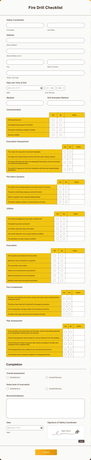 Fire Drill Checklist Form Template