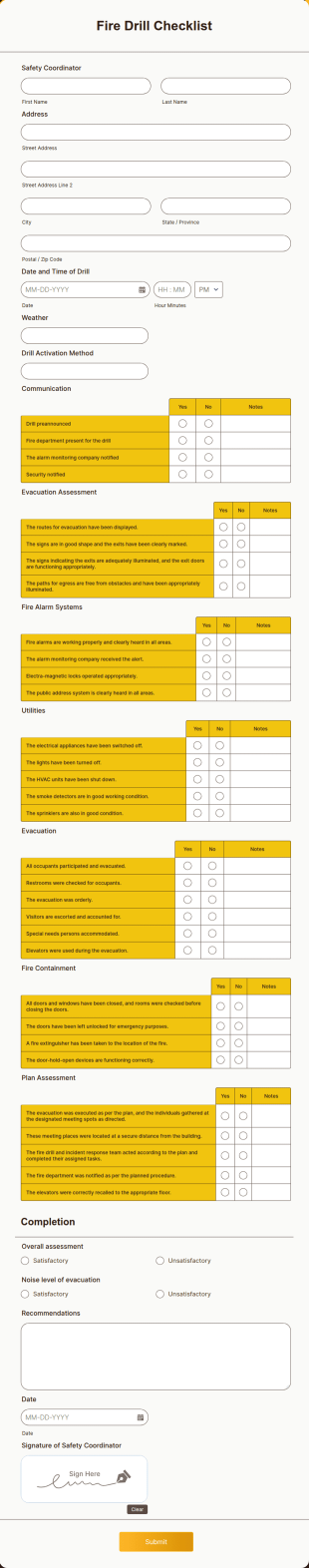 Fire Drill Checklist Form Template