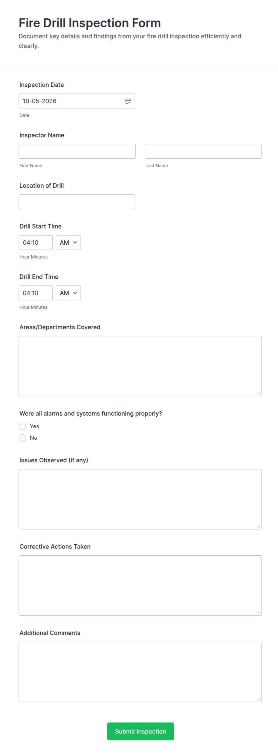 Fire Drill Inspection Form Template | Jotform