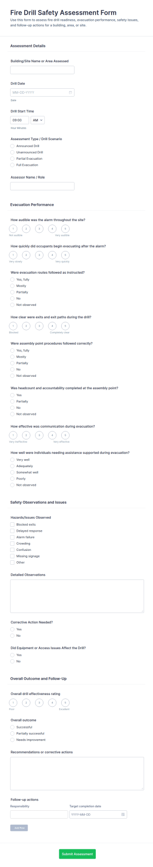 Fire Drill Safety Assessment Form Template