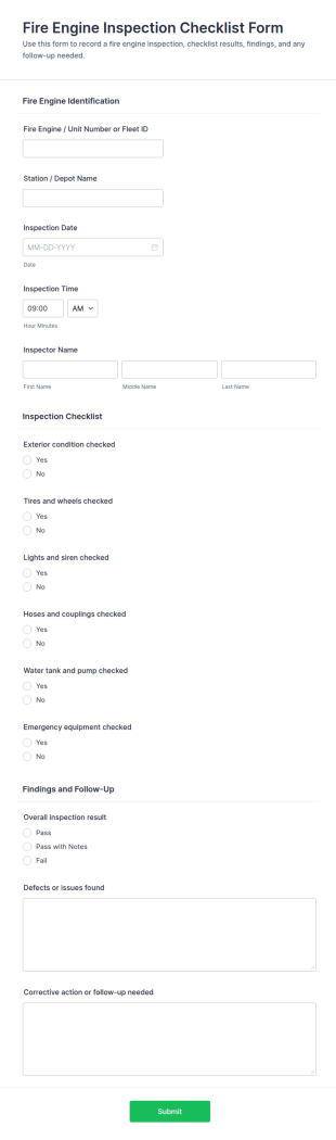 Fire Engine Inspection Checklist Form Template