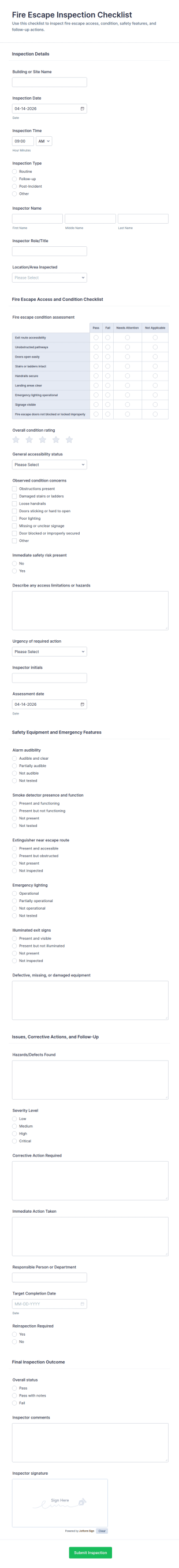 Fire Escape Inspection Checklist Form Template
