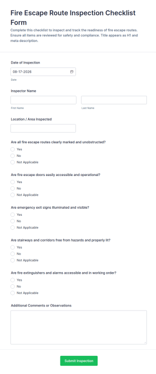 Fire Escape Route Inspection Checklist Form Template