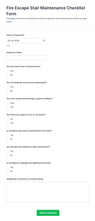 Fire Escape Stair Maintenance Checklist Form Template