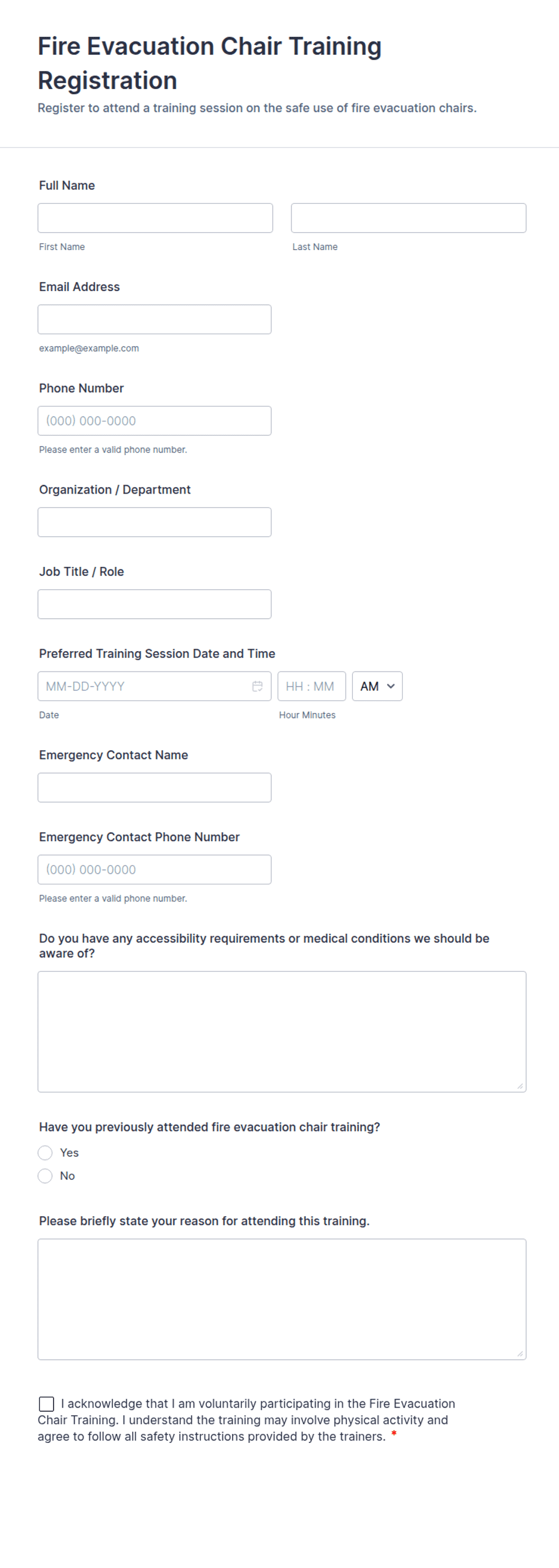 Fire Evacuation Chair Training Registration Form Template | Jotform