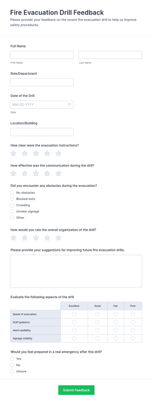 Fire Evacuation Drill Feedback Form Template