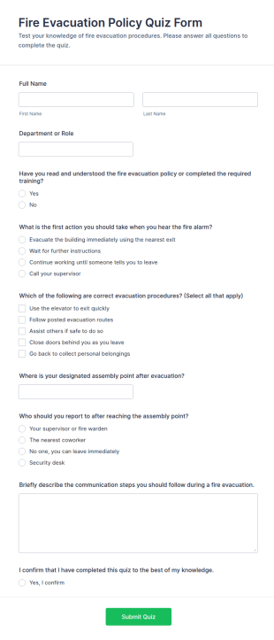 Fire Evacuation Policy Quiz Form Template