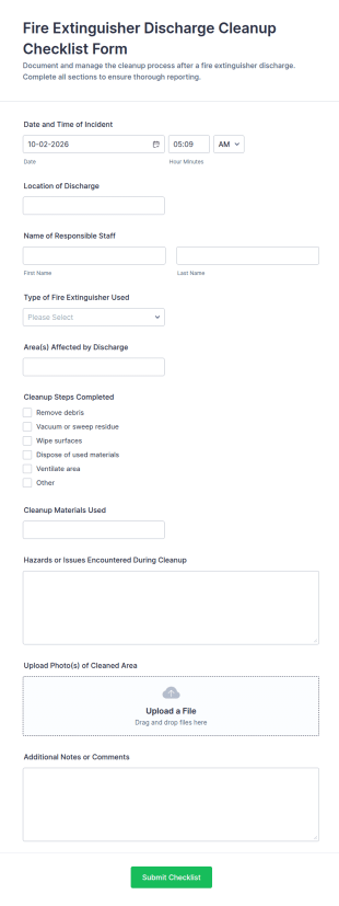 Fire Extinguisher Discharge Cleanup Checklist Form Template