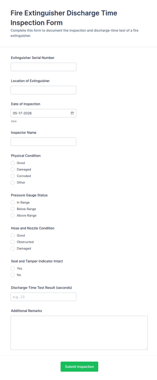 Fire Extinguisher Discharge Time Inspection Form Template