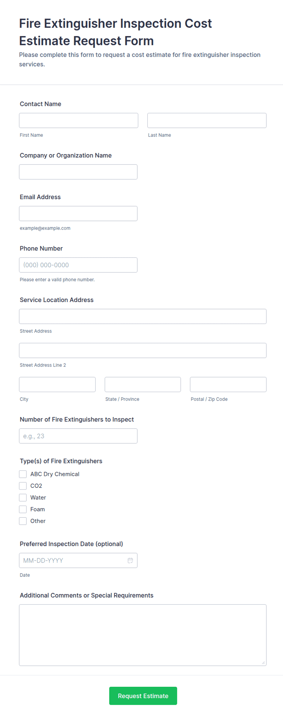 Fire Extinguisher Inspection Cost Estimate Request Form Template | Jotform