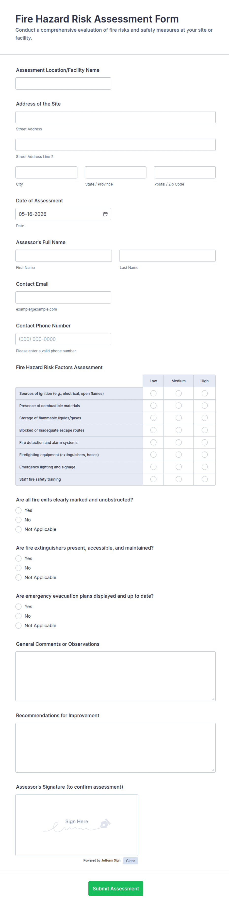 Fire Hazard Risk Assessment Form Template | Jotform