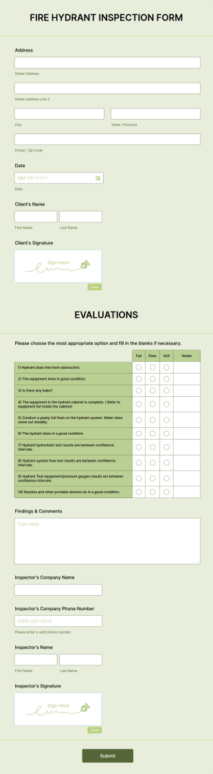 Fire Hydrant Inspection Form Template