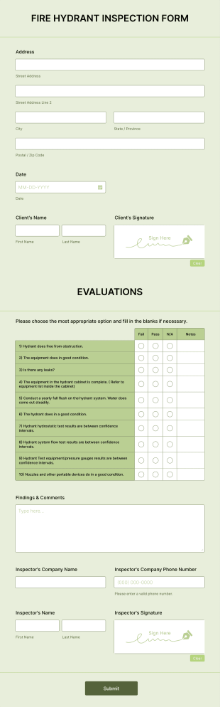 Fire Hydrant Inspection Form Template