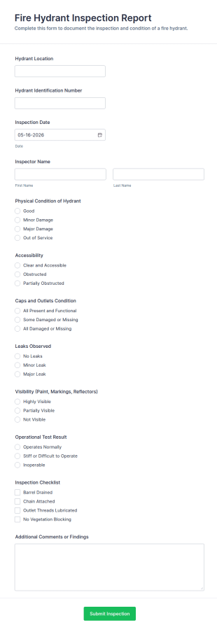 Fire Hydrant Inspection Report Form Template