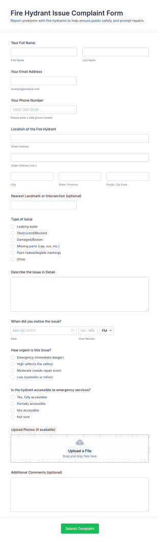 Fire Hydrant Issue Complaint Form Template