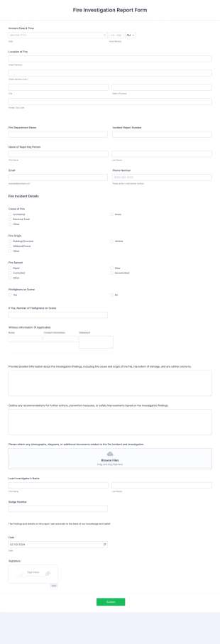 Fire Investigation Report Form Template