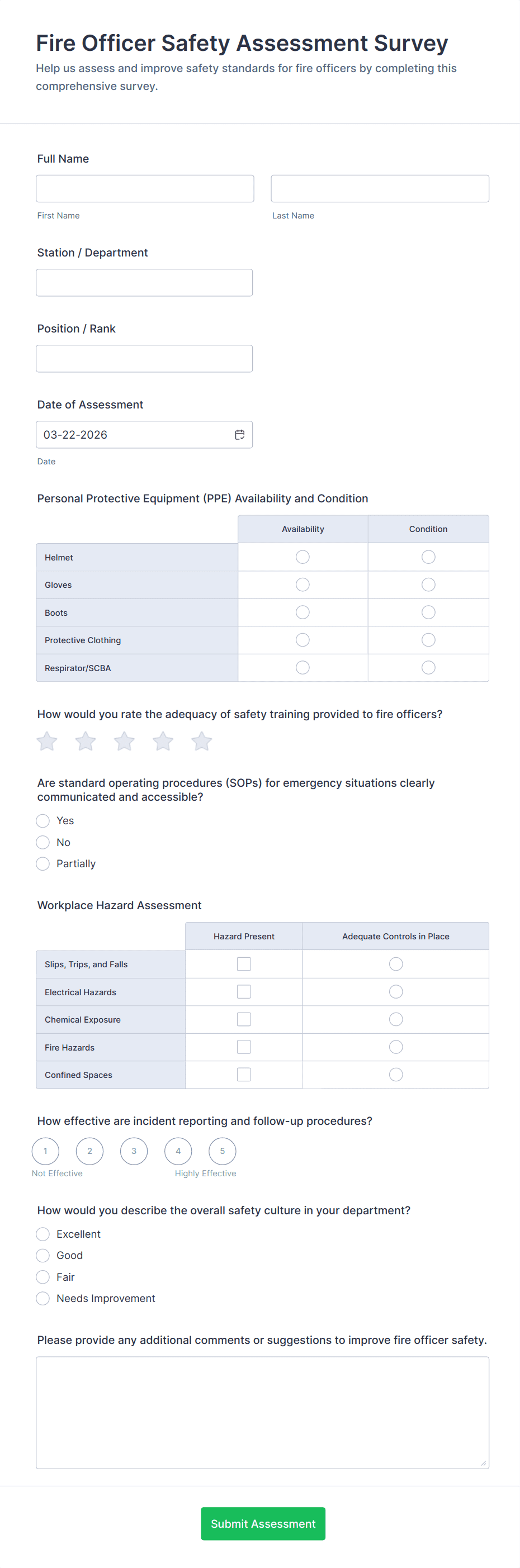 Fire Officer Safety Assessment Survey Form Template | Jotform
