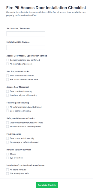 Fire Pit Access Door Installation Checklist Form Template