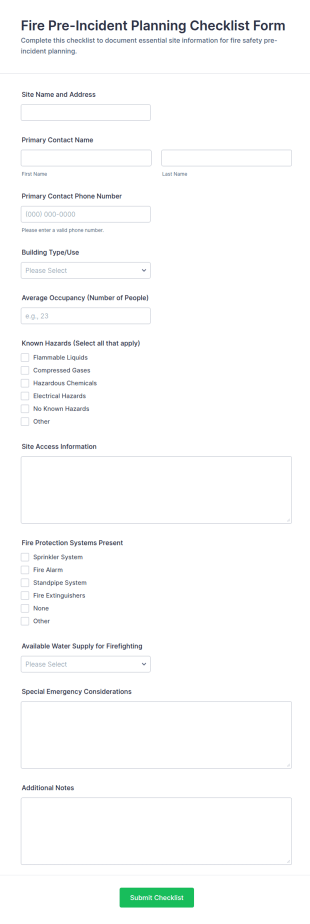 Fire Pre Incident Planning Checklist Form Template