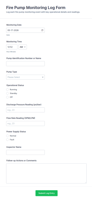 Fire Pump Monitoring Log Form Template