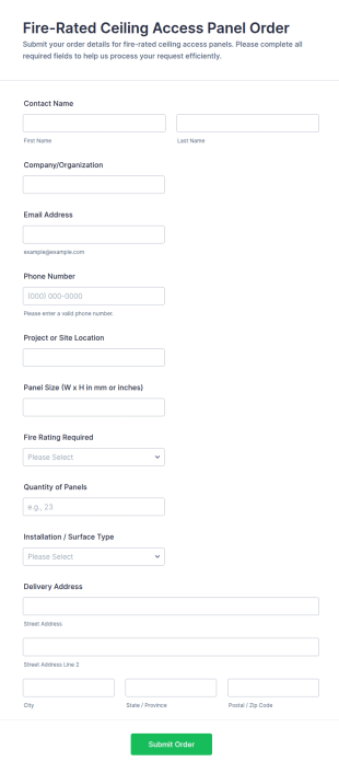 Fire Rated Ceiling Access Panel Order Form Template