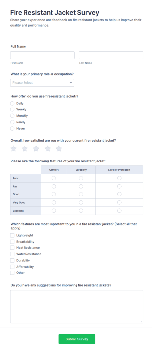 Fire Resistant Jacket Survey Form Template