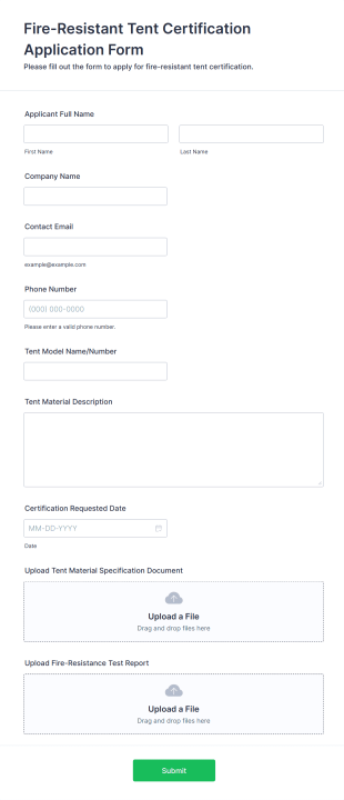 Fire Resistant Tent Certification Application Form Template