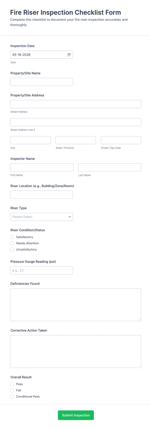 Fire Riser Inspection Checklist Form Template