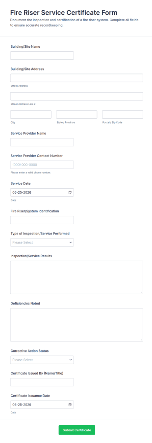 Fire Riser Service Certificate Form Template