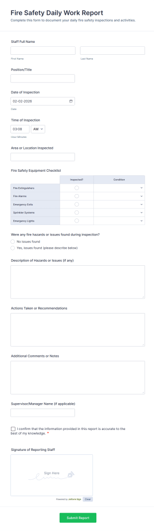 Fire Safety Daily Work Report Form Template