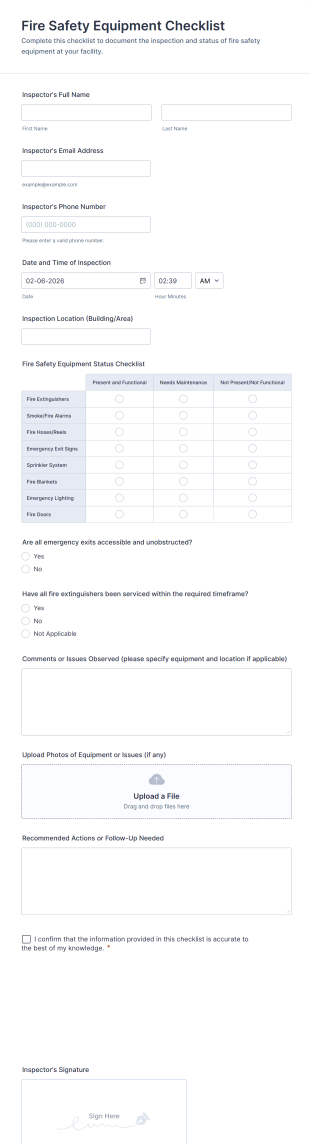 Fire Safety Equipment Checklist Form Template
