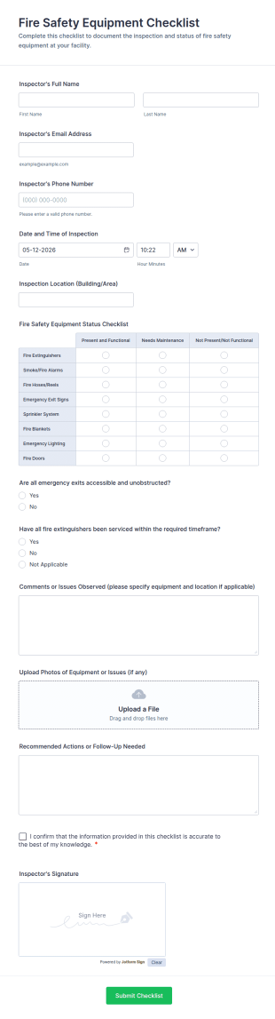 Fire Safety Equipment Checklist Form Template