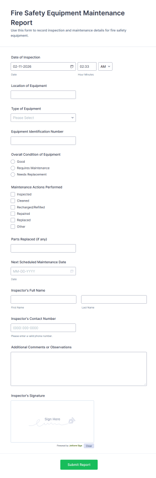 Fire Safety Equipment Maintenance Report Form Template