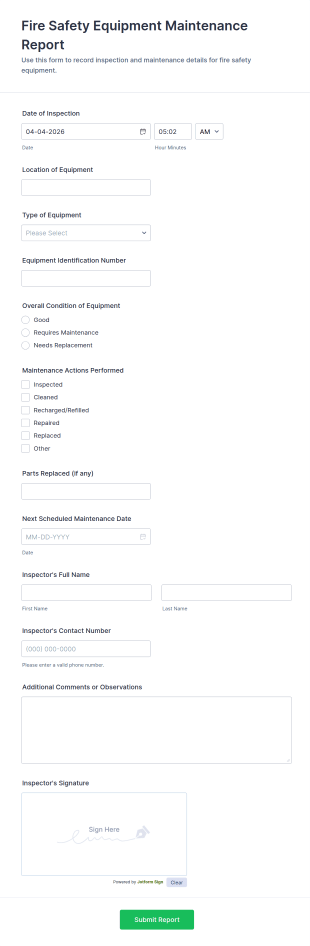 Fire Safety Equipment Maintenance Report Form Template